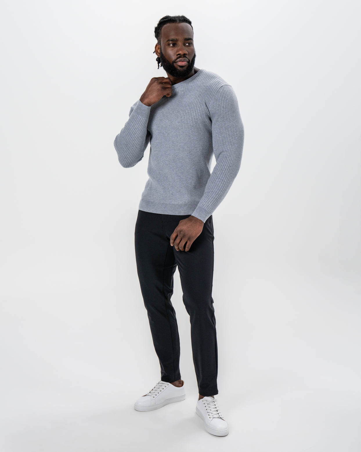 State & Liberty Mid-Weight Ribbed Knit Crewneck Sweater - Light Grey