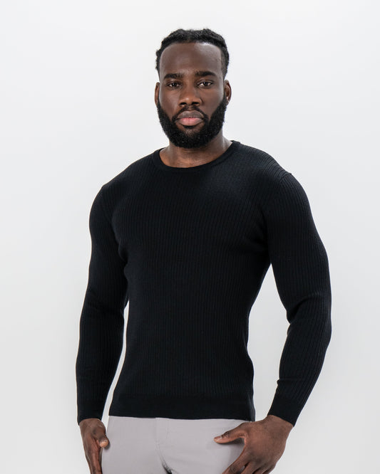 State & Liberty Mid-Weight Ribbed Knit Crewneck Sweater - Black