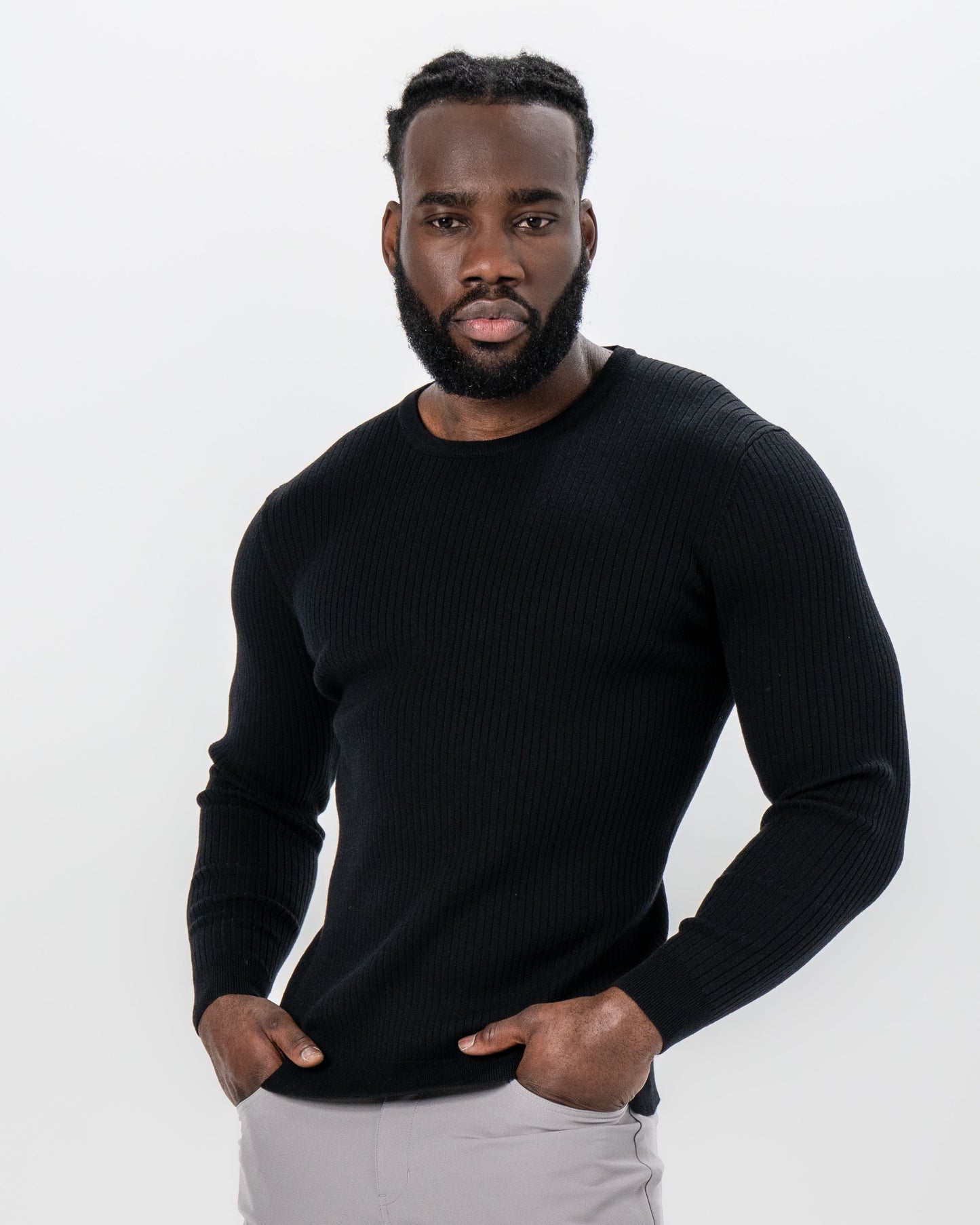 State & Liberty Mid-Weight Ribbed Knit Crewneck Sweater - Black