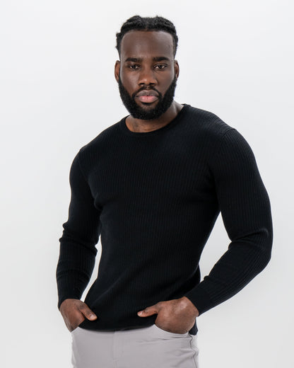 State & Liberty Mid-Weight Ribbed Knit Crewneck Sweater - Black