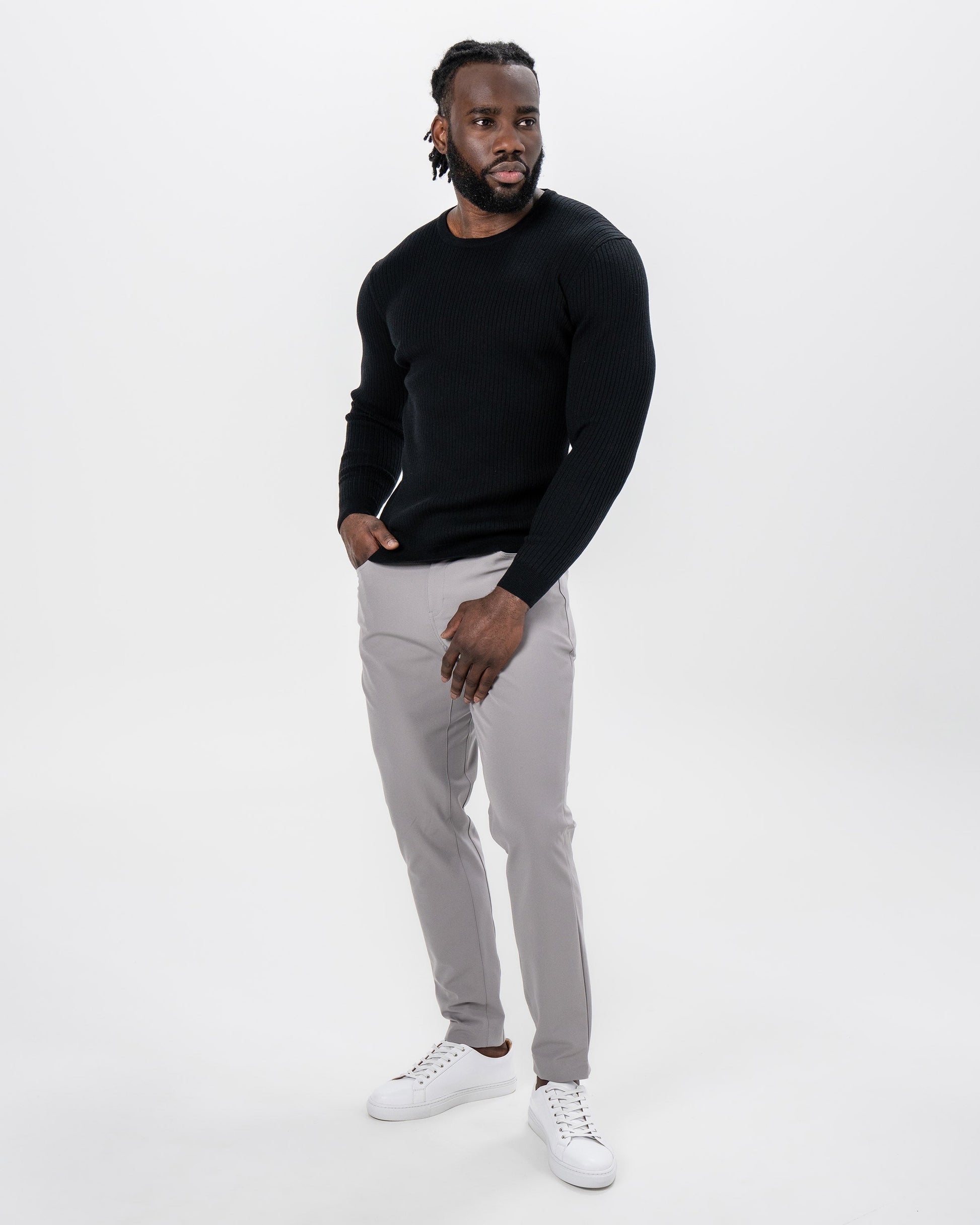 State & Liberty Mid-Weight Ribbed Knit Crewneck Sweater - Black