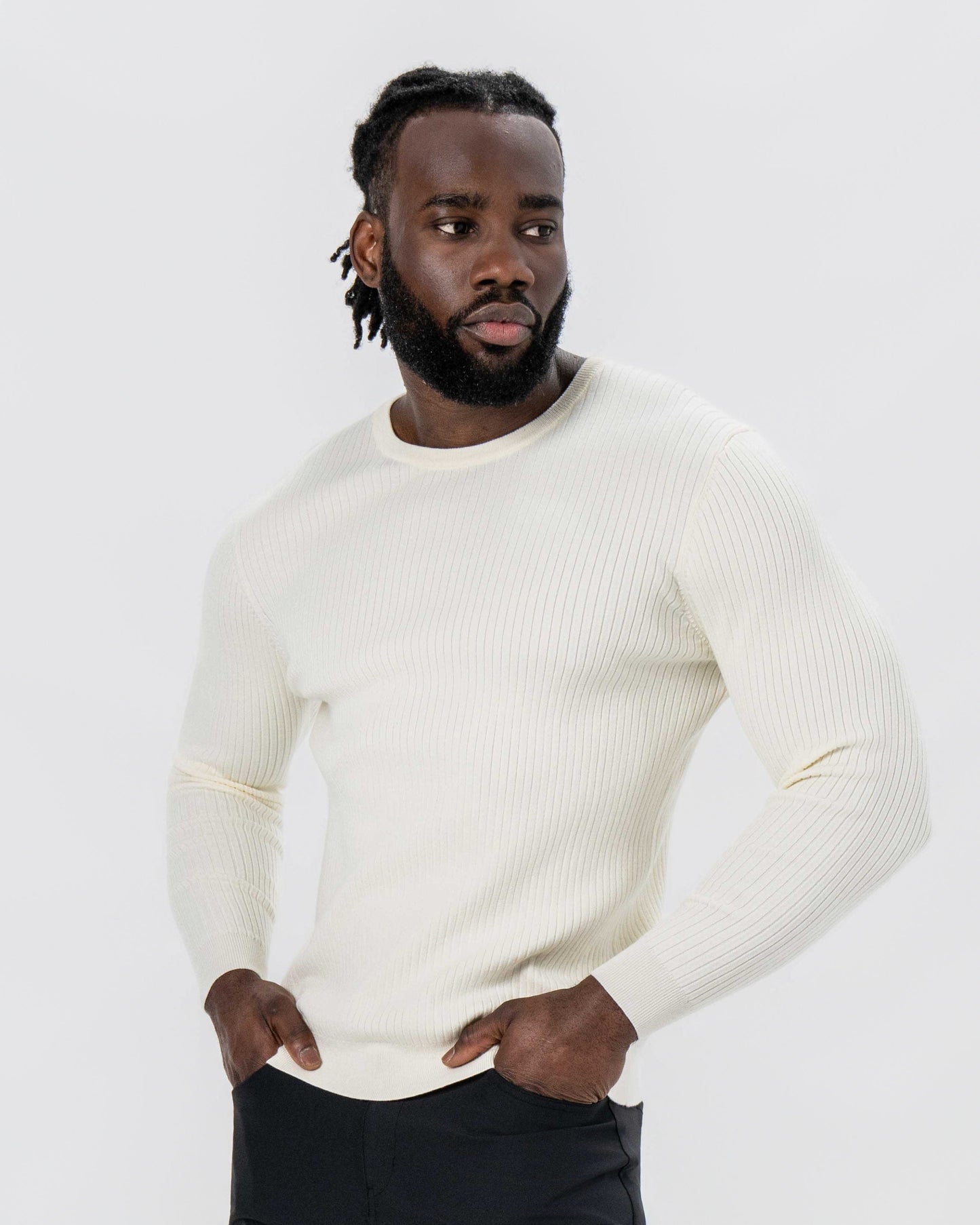 State & Liberty Mid-Weight Ribbed Knit Crewneck Sweater - Cream