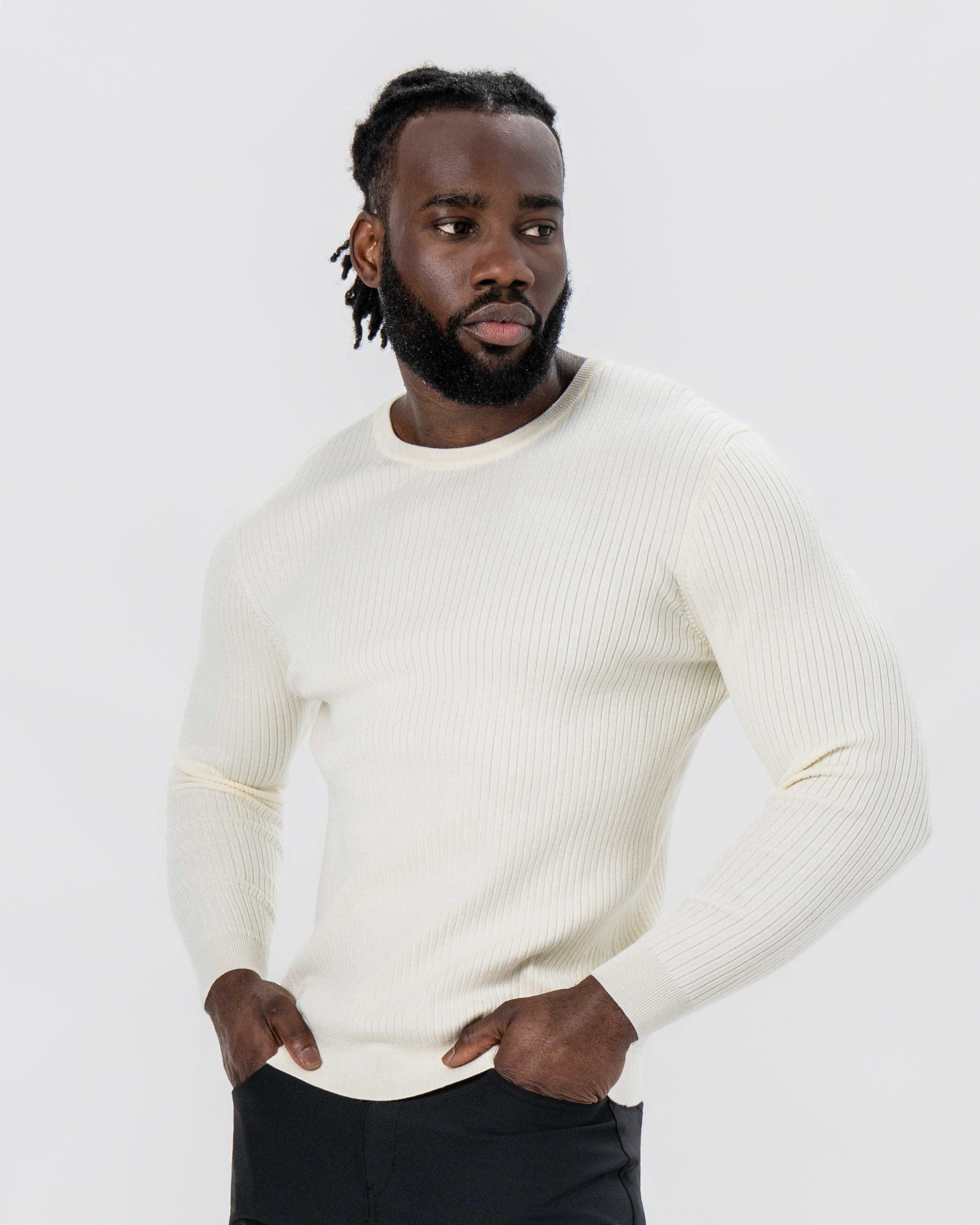 State & Liberty Mid-Weight Ribbed Knit Crewneck Sweater - Cream