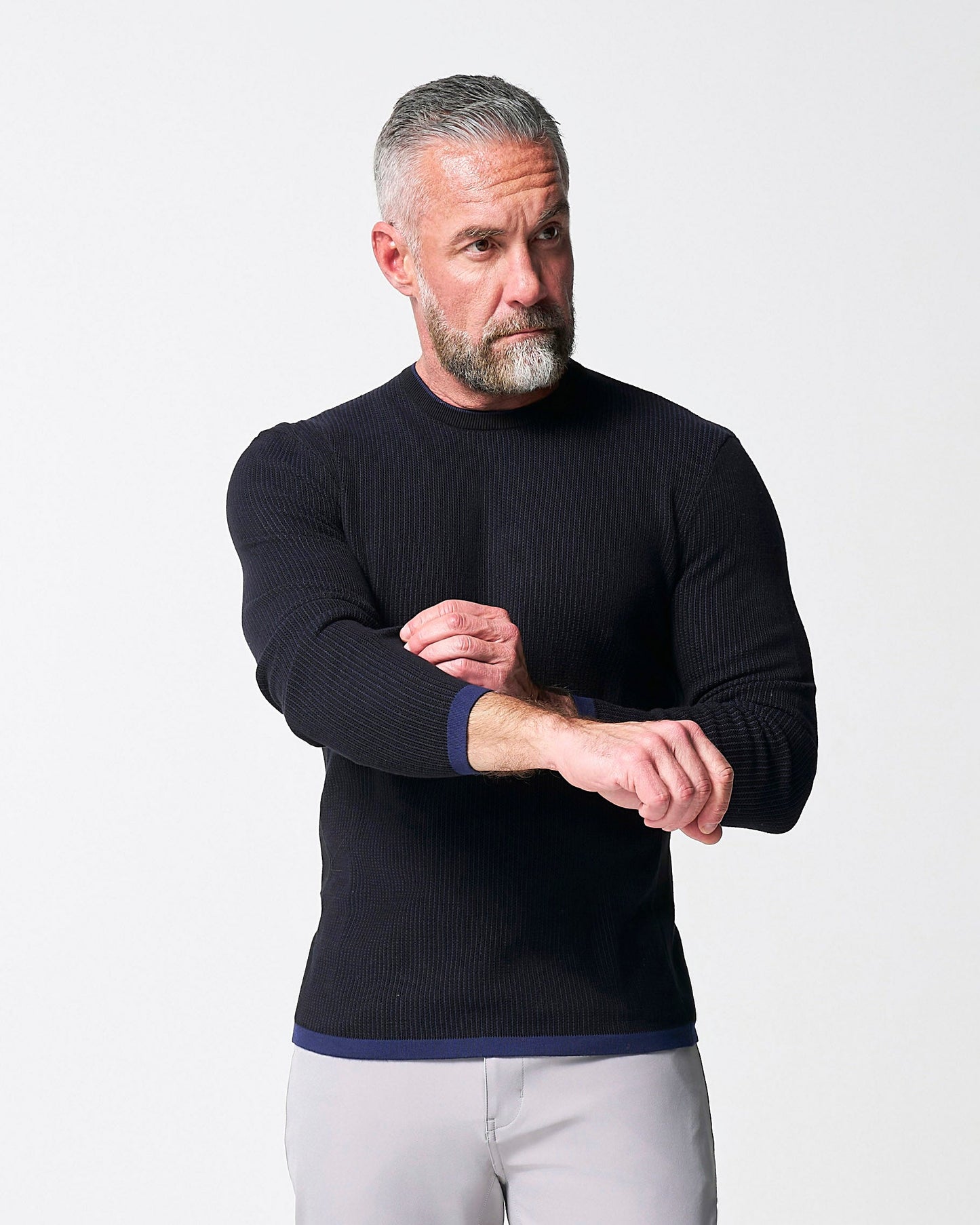 State & Liberty Lightweight Ribbed Knit Crewneck Sweater - Navy & Black