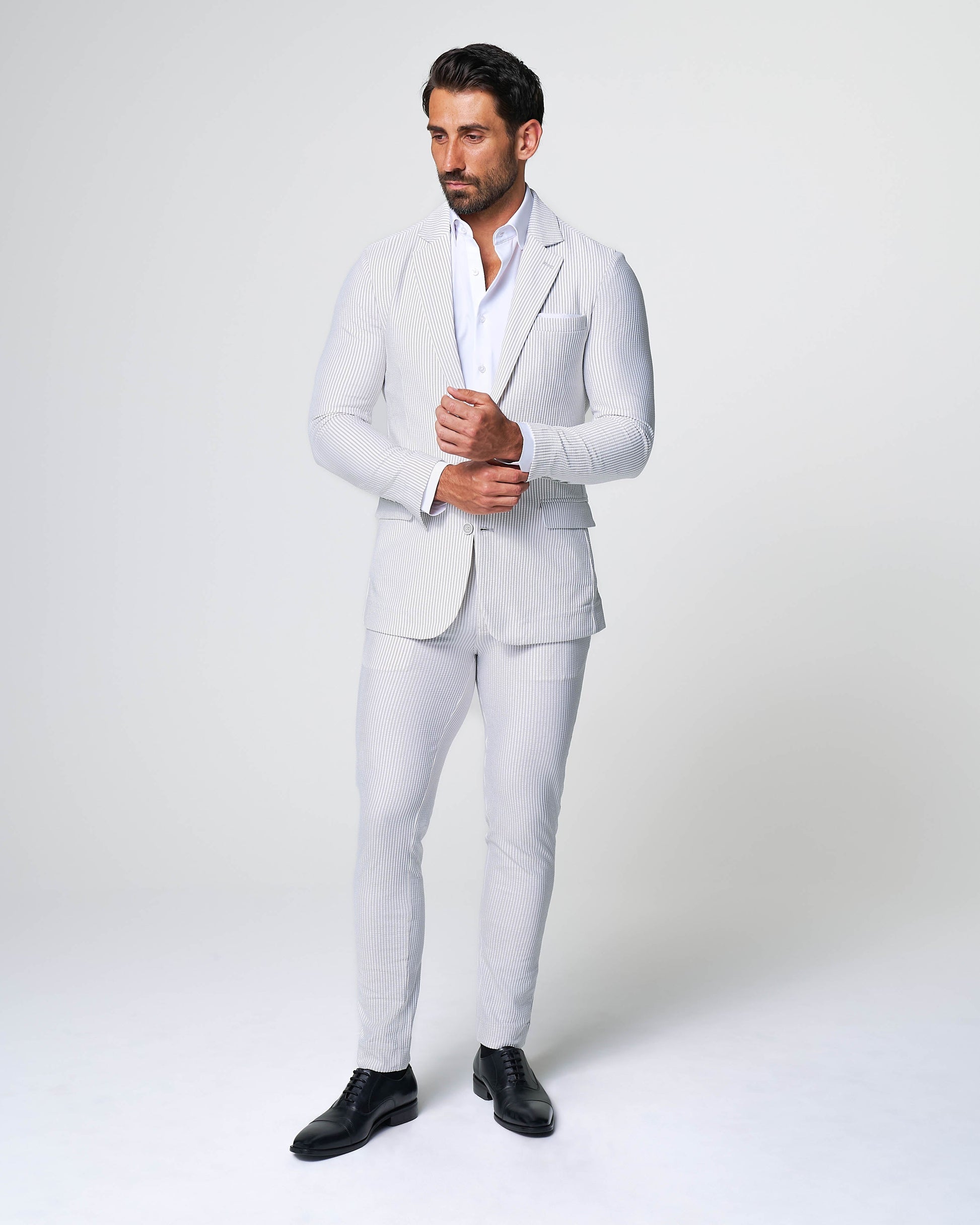 State & Liberty Athletic Fit Stretch Pants - Grey & White Seersucker