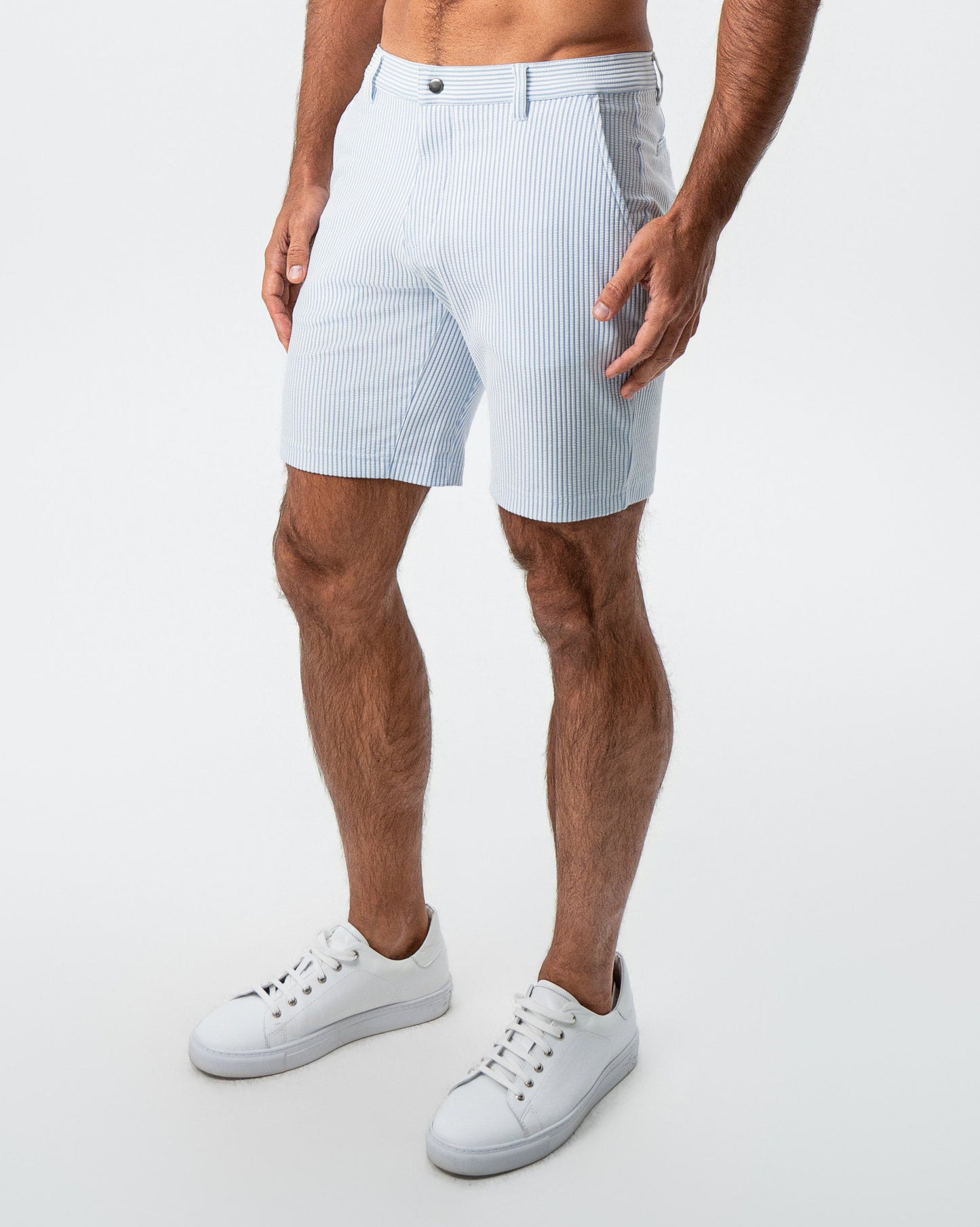 State & Liberty Athletic Fit Shorts - Light Blue & White Seersucker