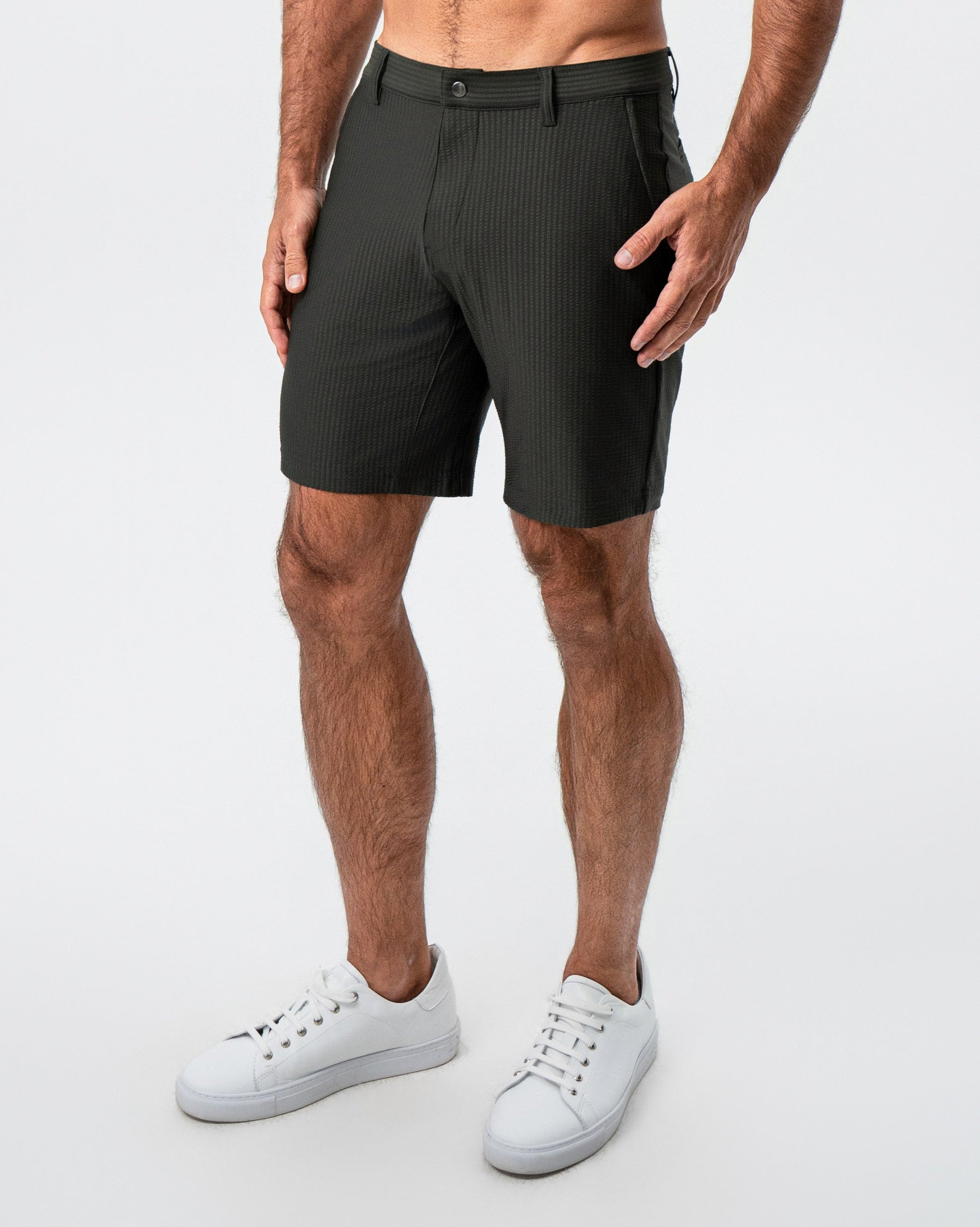 State & Liberty Athletic Fit Shorts - Army Green Seersucker