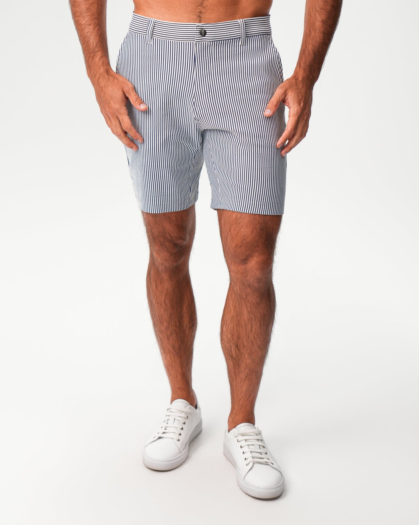 State & Liberty Athletic Fit Shorts - Navy & White Seersucker