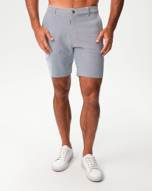 State & Liberty Athletic Fit Shorts - Navy & White Seersucker