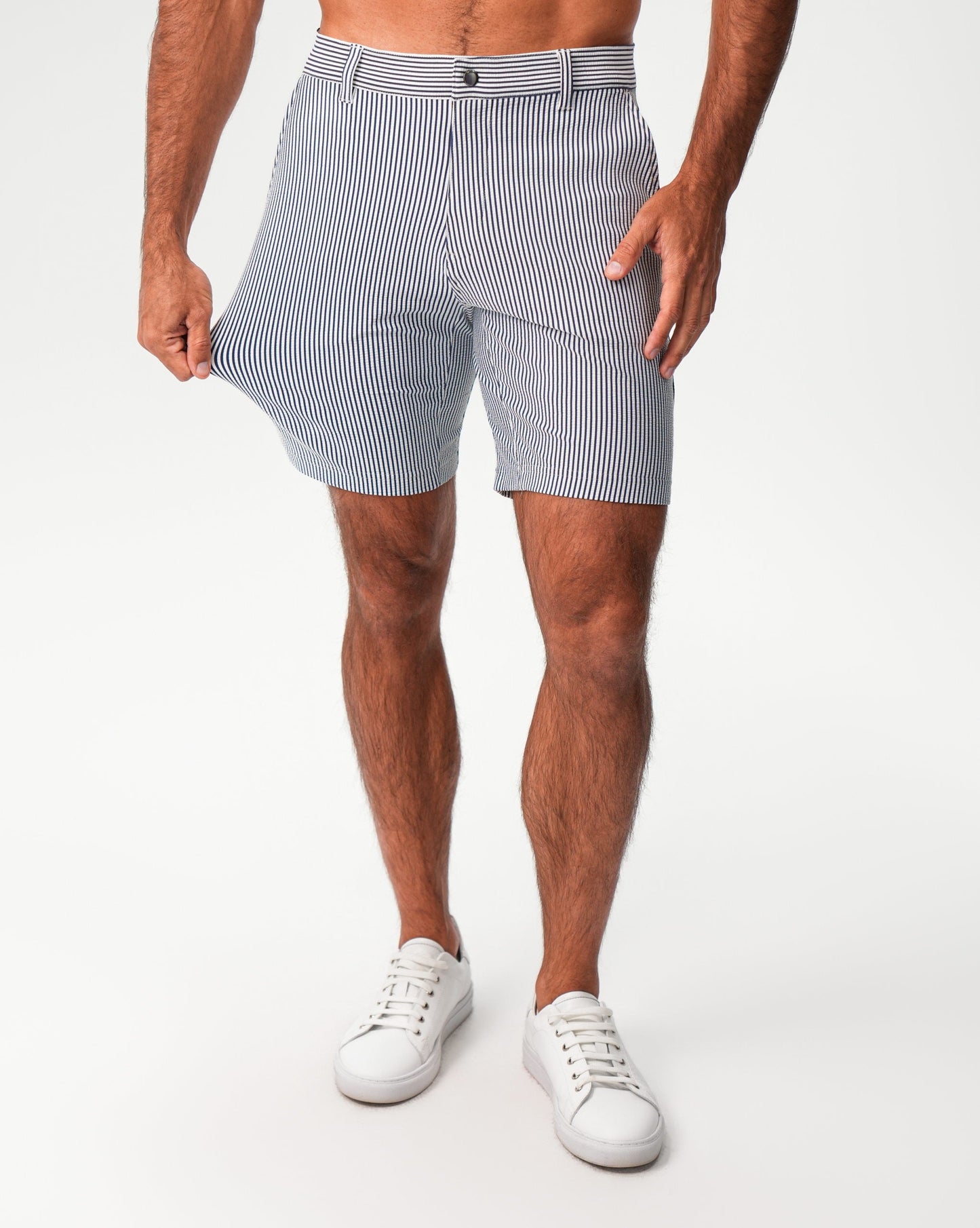 State & Liberty Athletic Fit Shorts - Navy & White Seersucker