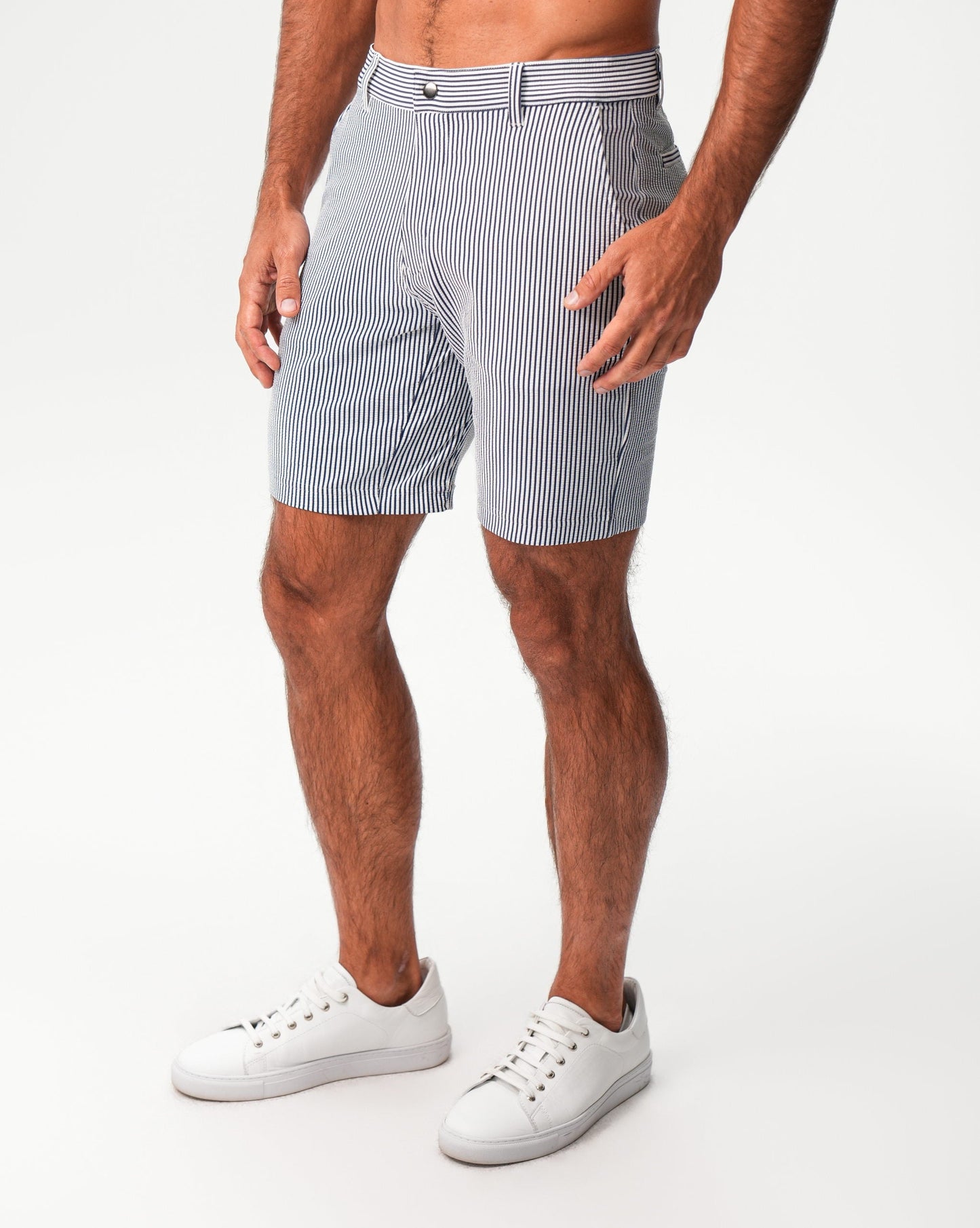 State & Liberty Athletic Fit Shorts - Navy & White Seersucker