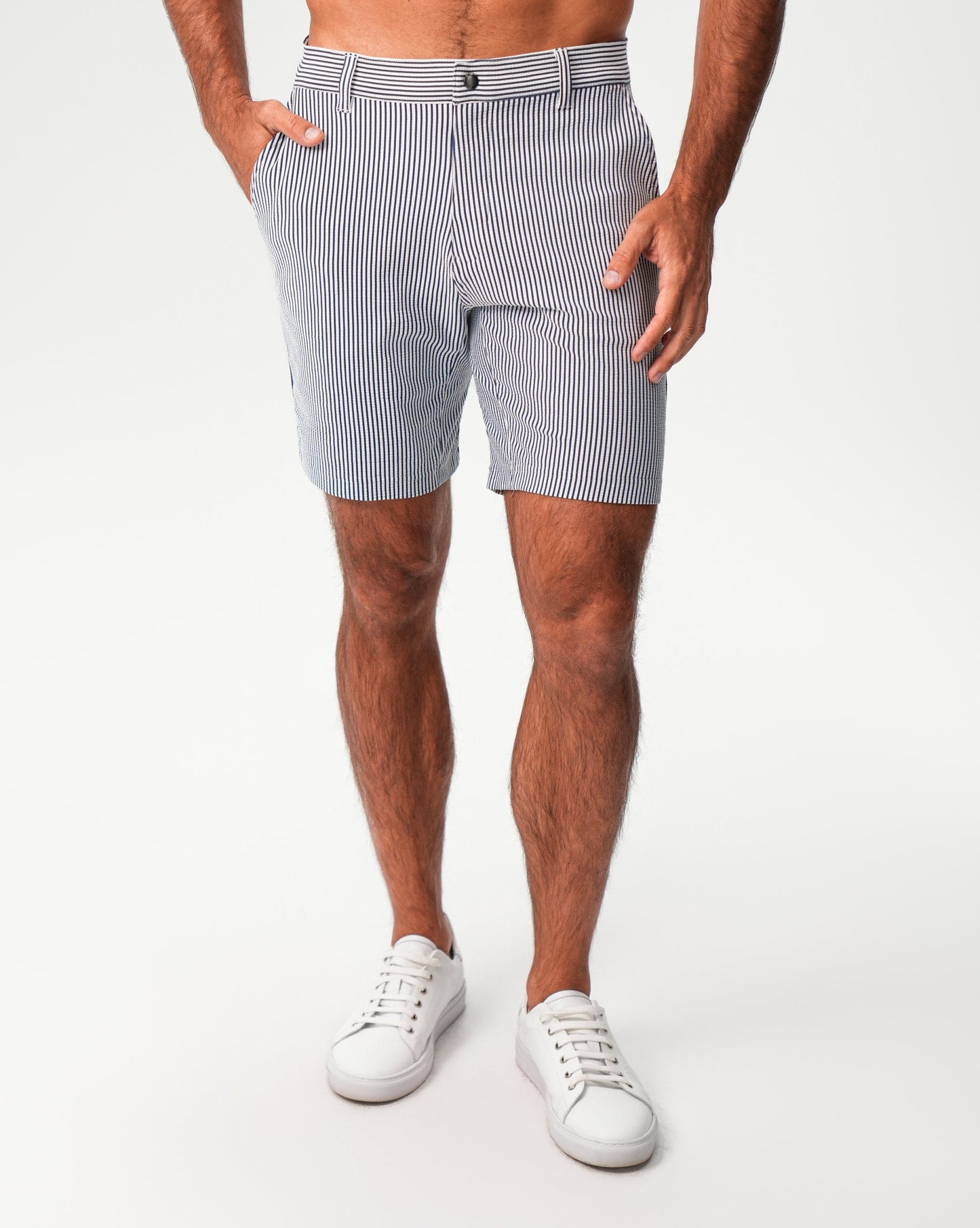 State & Liberty Athletic Fit Shorts - Navy & White Seersucker