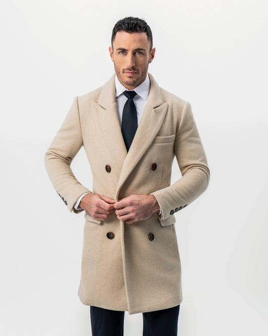 State & Liberty Double Breasted Overcoat - Tan Herringbone
