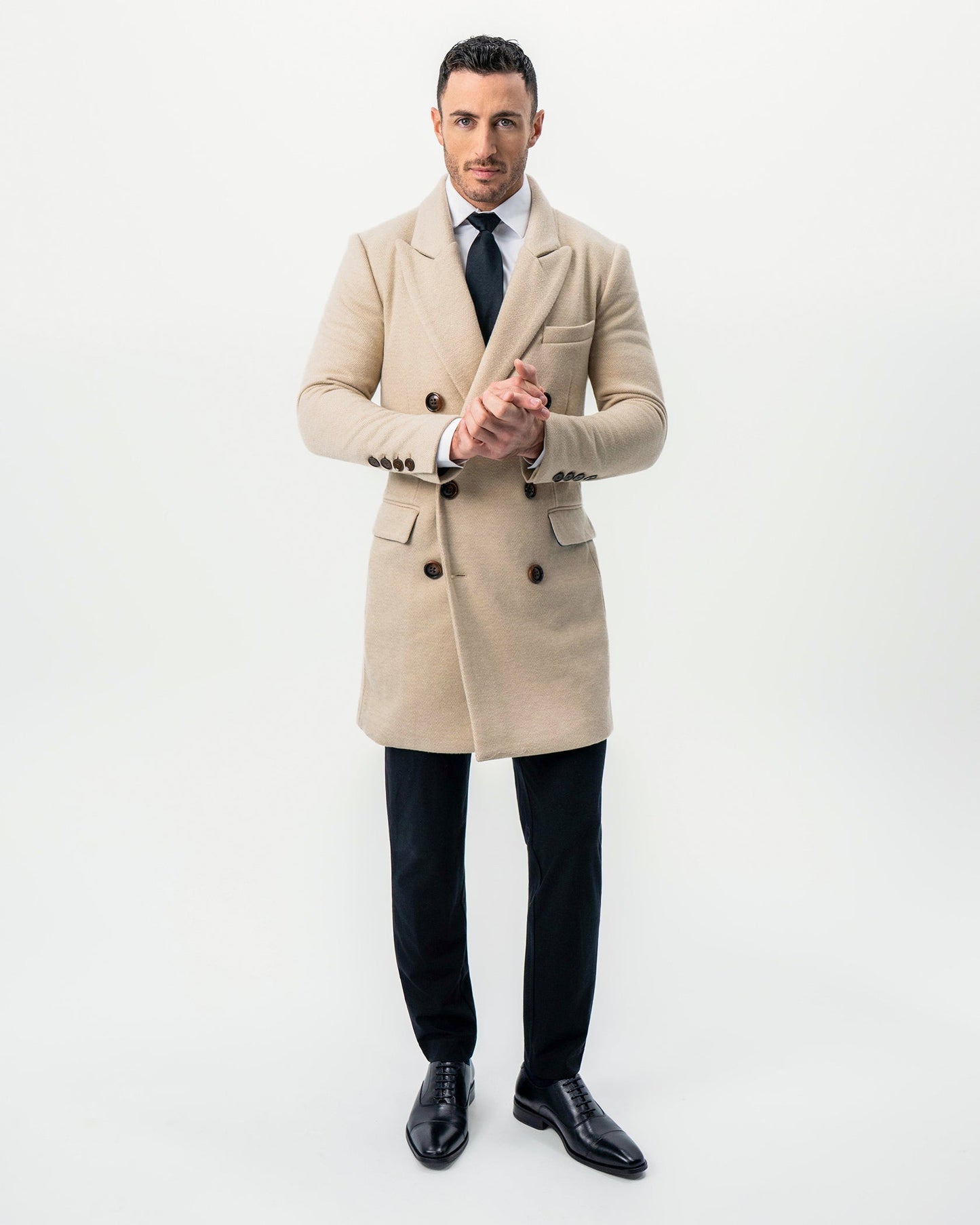 State & Liberty Double Breasted Overcoat - Tan Herringbone