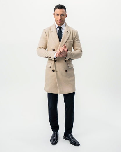 State & Liberty Double Breasted Overcoat - Tan Herringbone