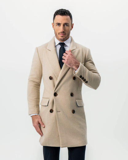 State & Liberty Double Breasted Overcoat - Tan Herringbone