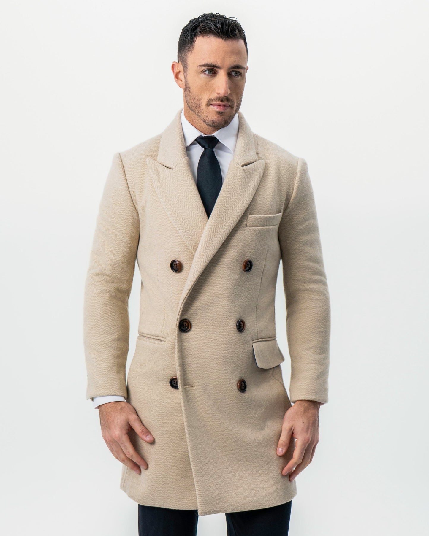 State & Liberty Double Breasted Overcoat - Tan Herringbone