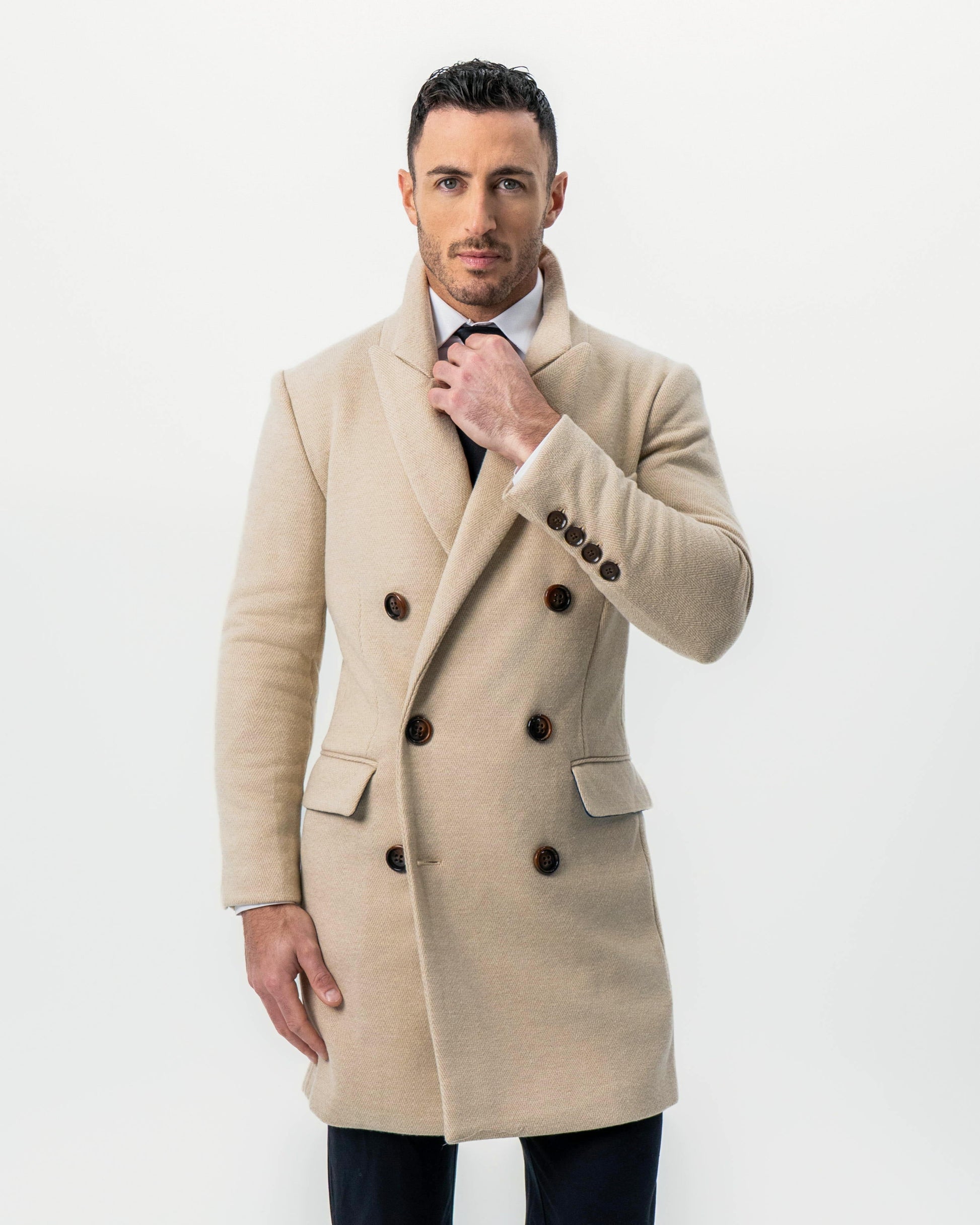 State & Liberty Double Breasted Overcoat - Tan Herringbone