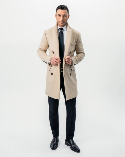 State & Liberty Double Breasted Overcoat - Tan Herringbone