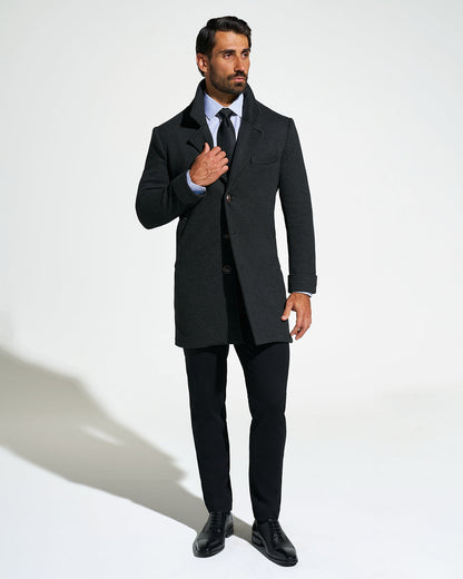 State & Liberty 3 Button Overcoat - Charcoal Herringbone