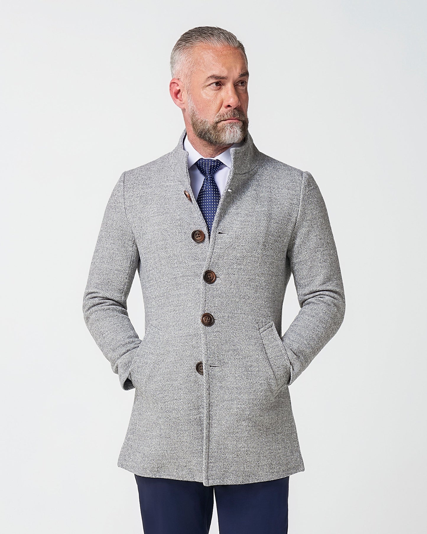 State & Liberty Open Button Overcoat - Grey Herringbone