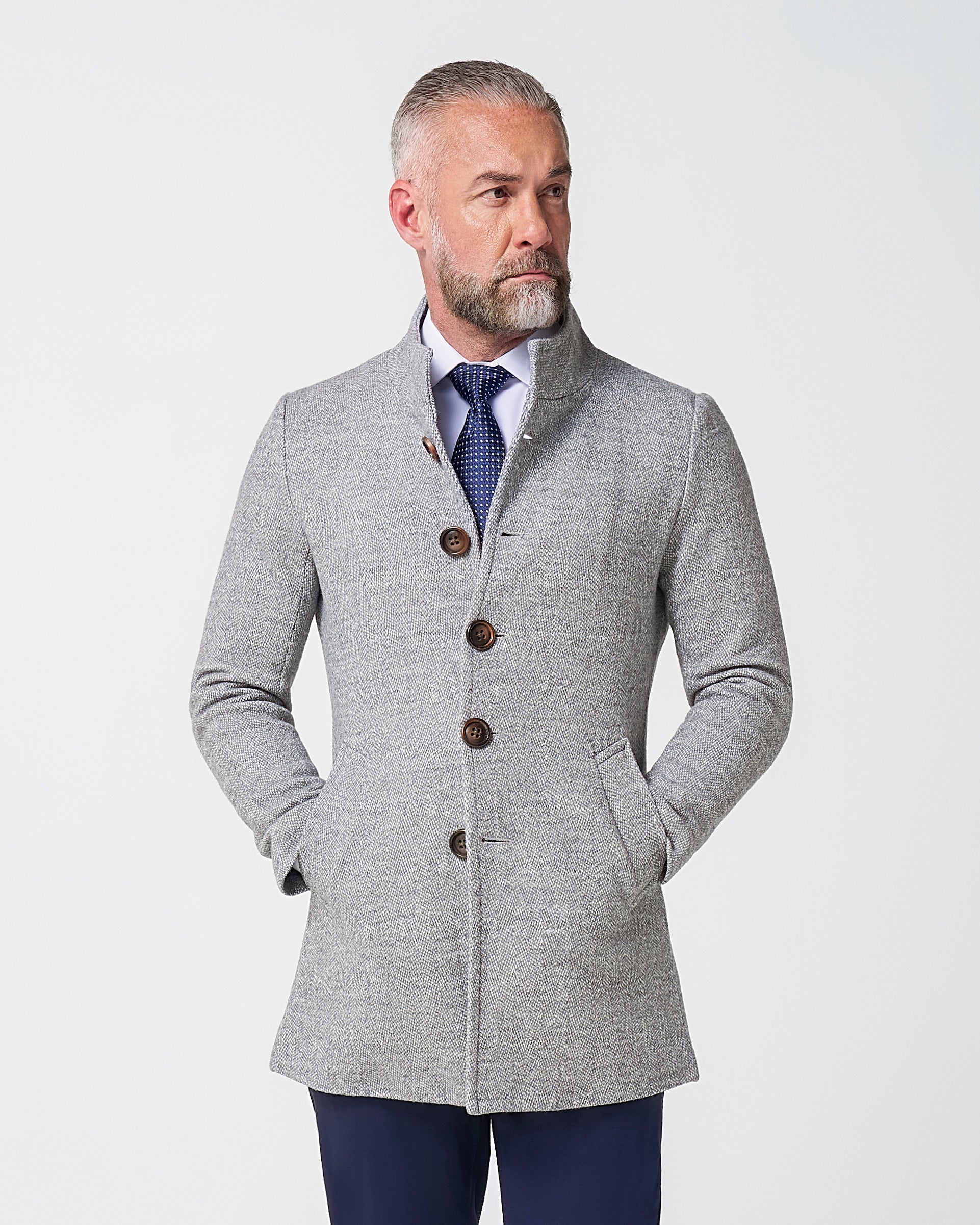 State & Liberty Open Button Overcoat - Grey Herringbone