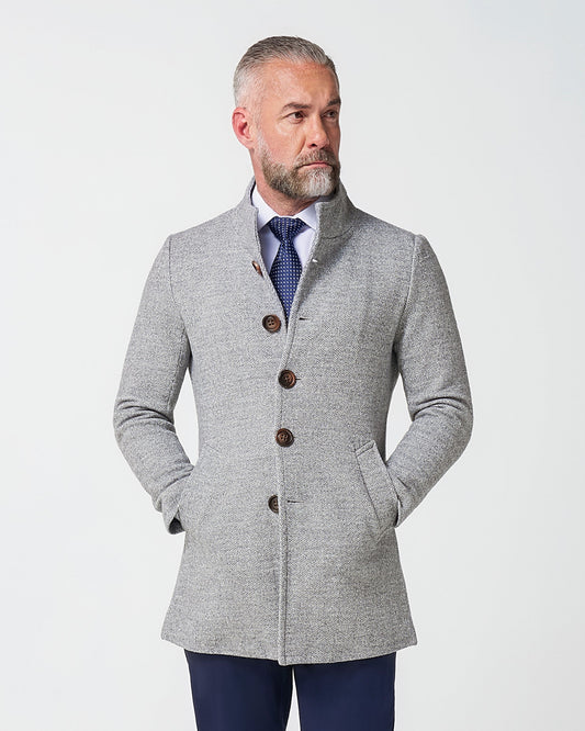 State & Liberty Open Button Overcoat - Grey Herringbone