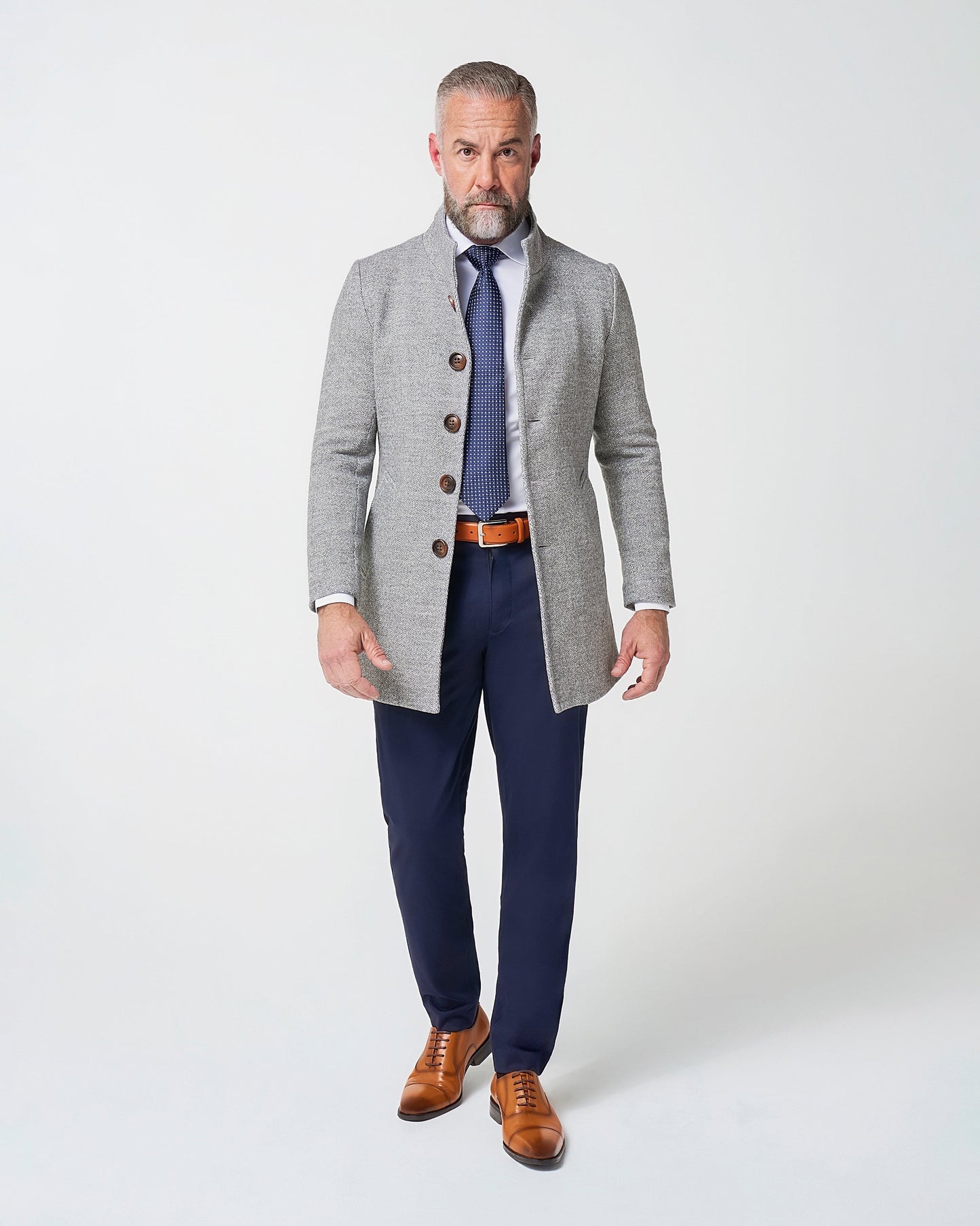 State & Liberty Open Button Overcoat - Grey Herringbone