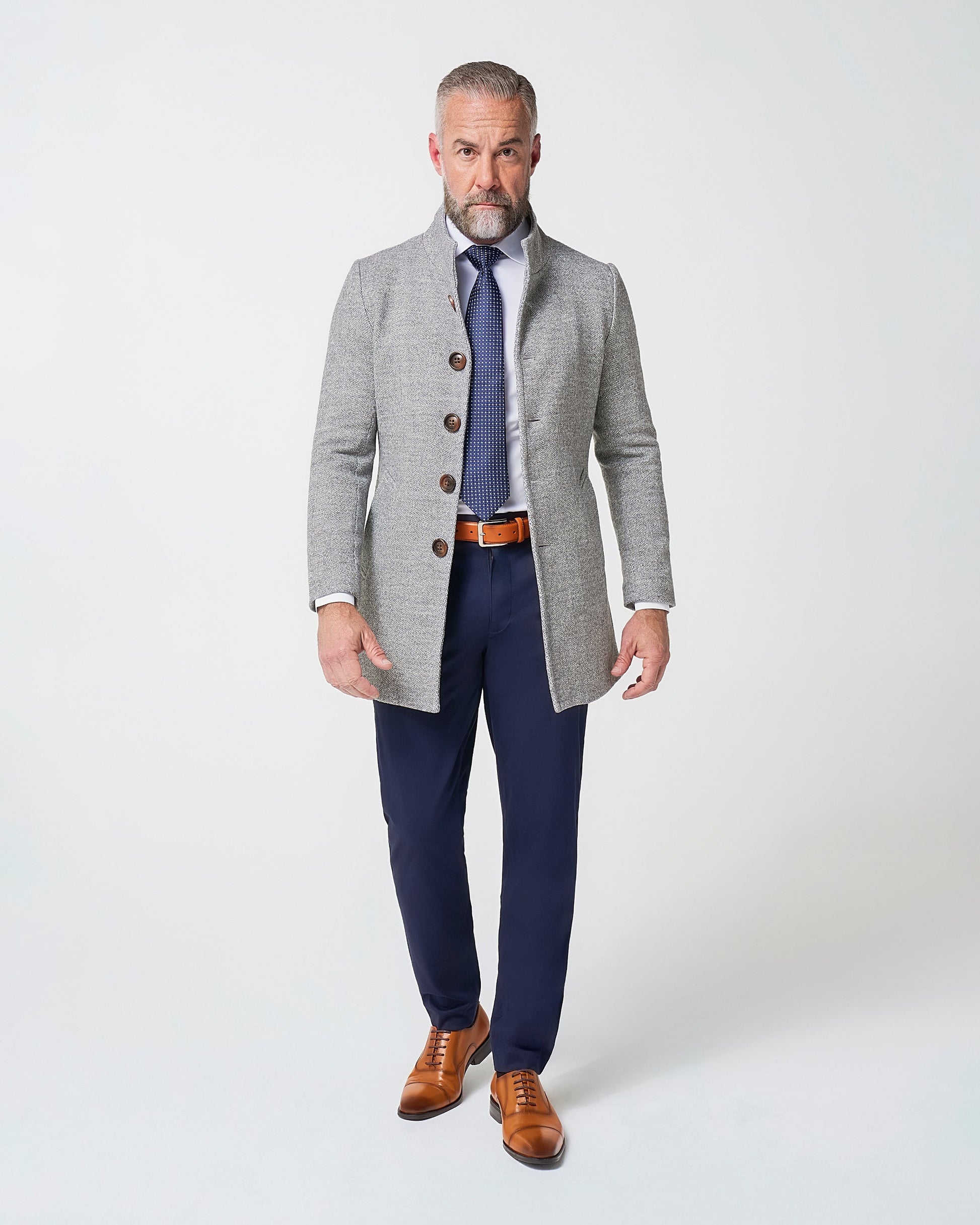 State & Liberty Open Button Overcoat - Grey Herringbone