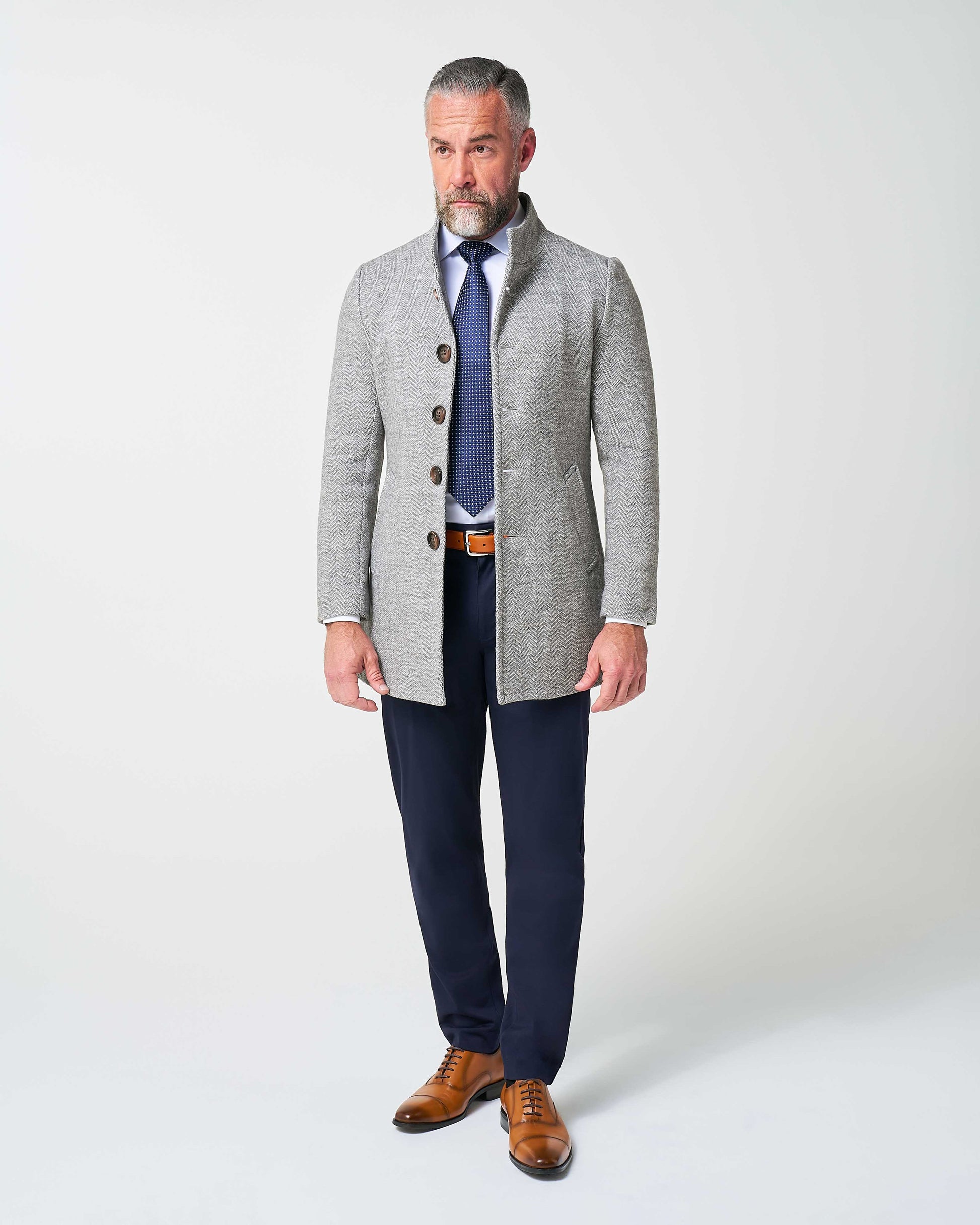 State & Liberty Open Button Overcoat - Grey Herringbone