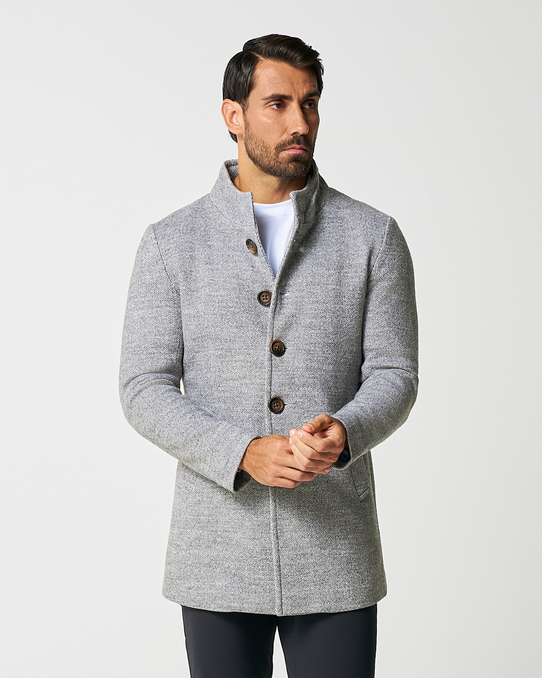 State & Liberty Open Button Overcoat - Grey Herringbone