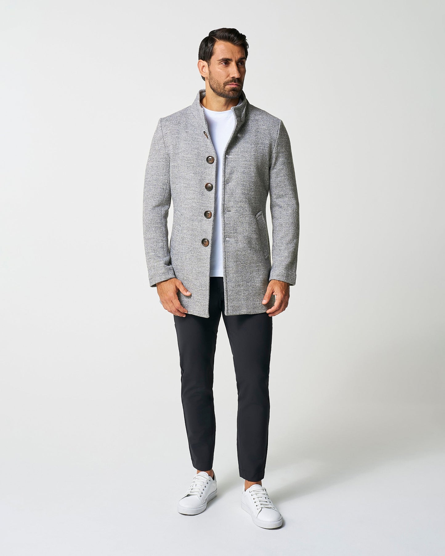 State & Liberty Open Button Overcoat - Grey Herringbone