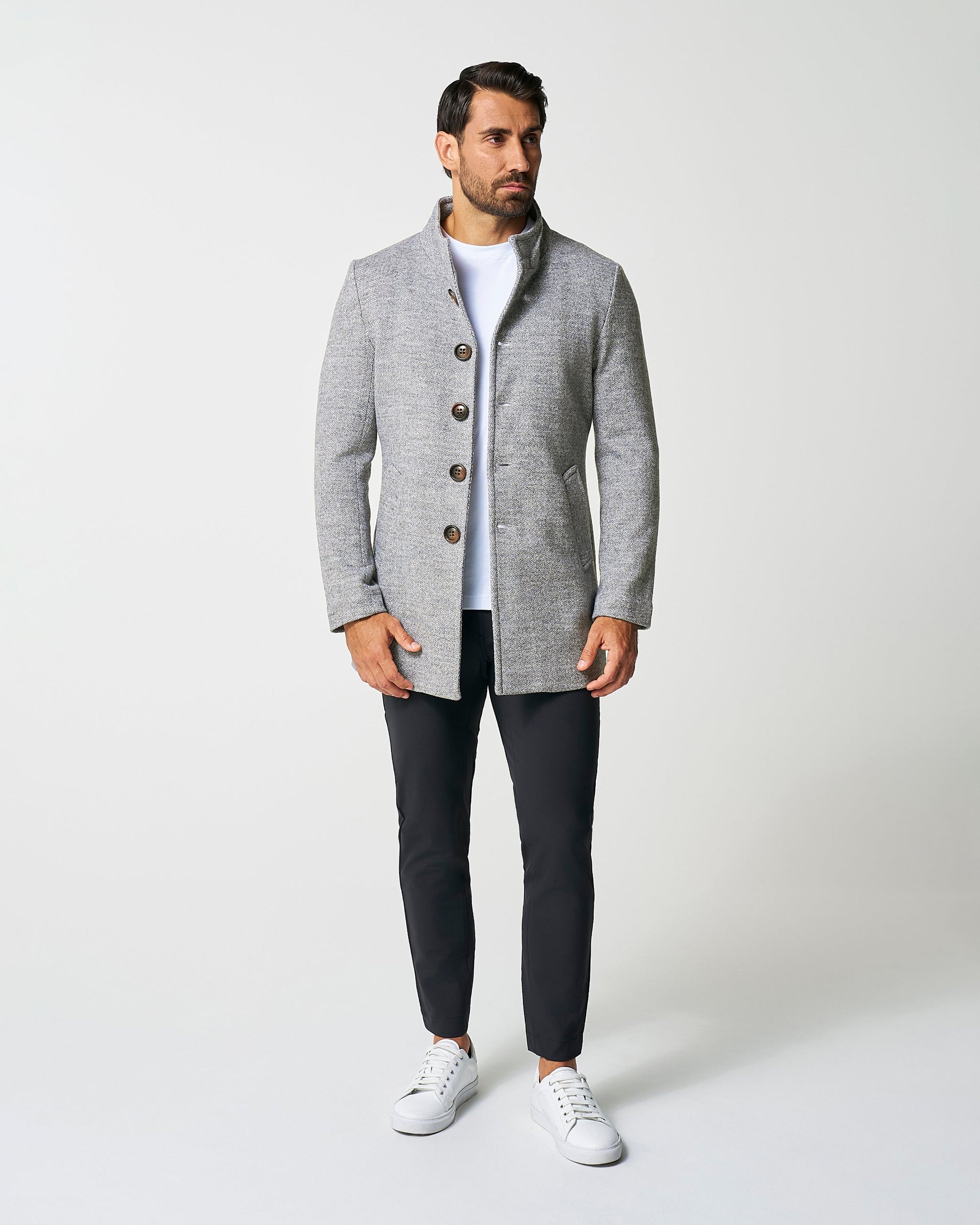 State & Liberty Open Button Overcoat - Grey Herringbone