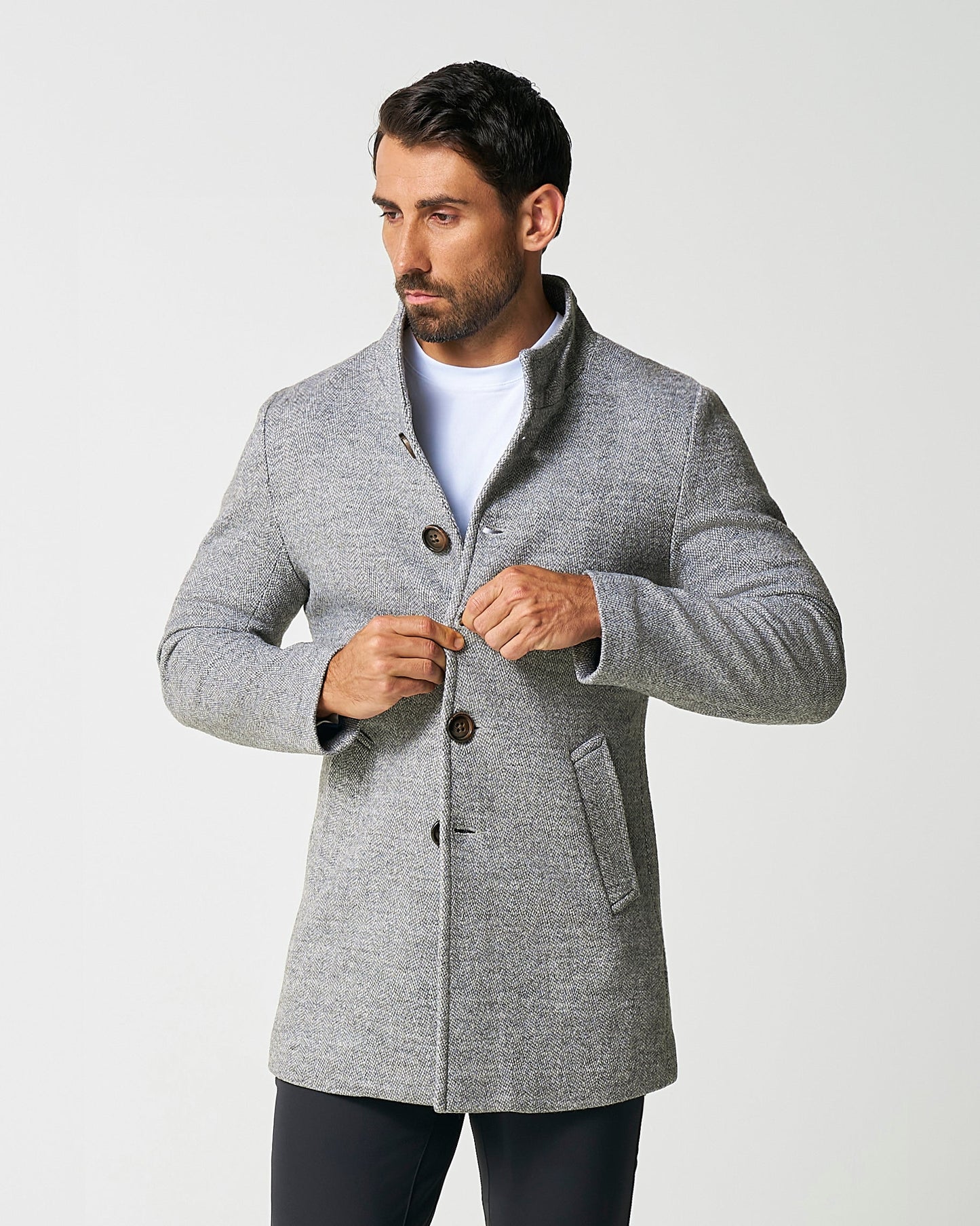 State & Liberty Open Button Overcoat - Grey Herringbone