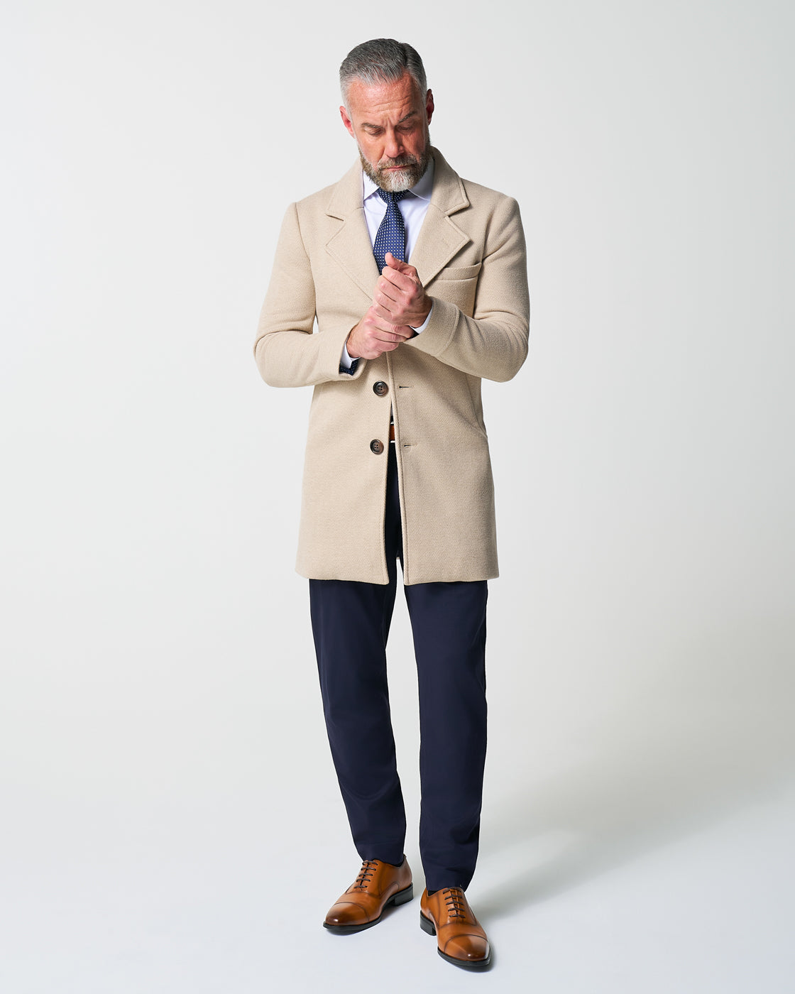 State & Liberty 3 Button Overcoat - Tan Herringbone