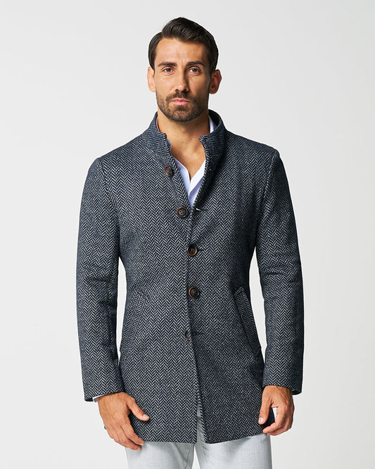 State & Liberty Open Button Overcoat - Navy & Grey Chevron