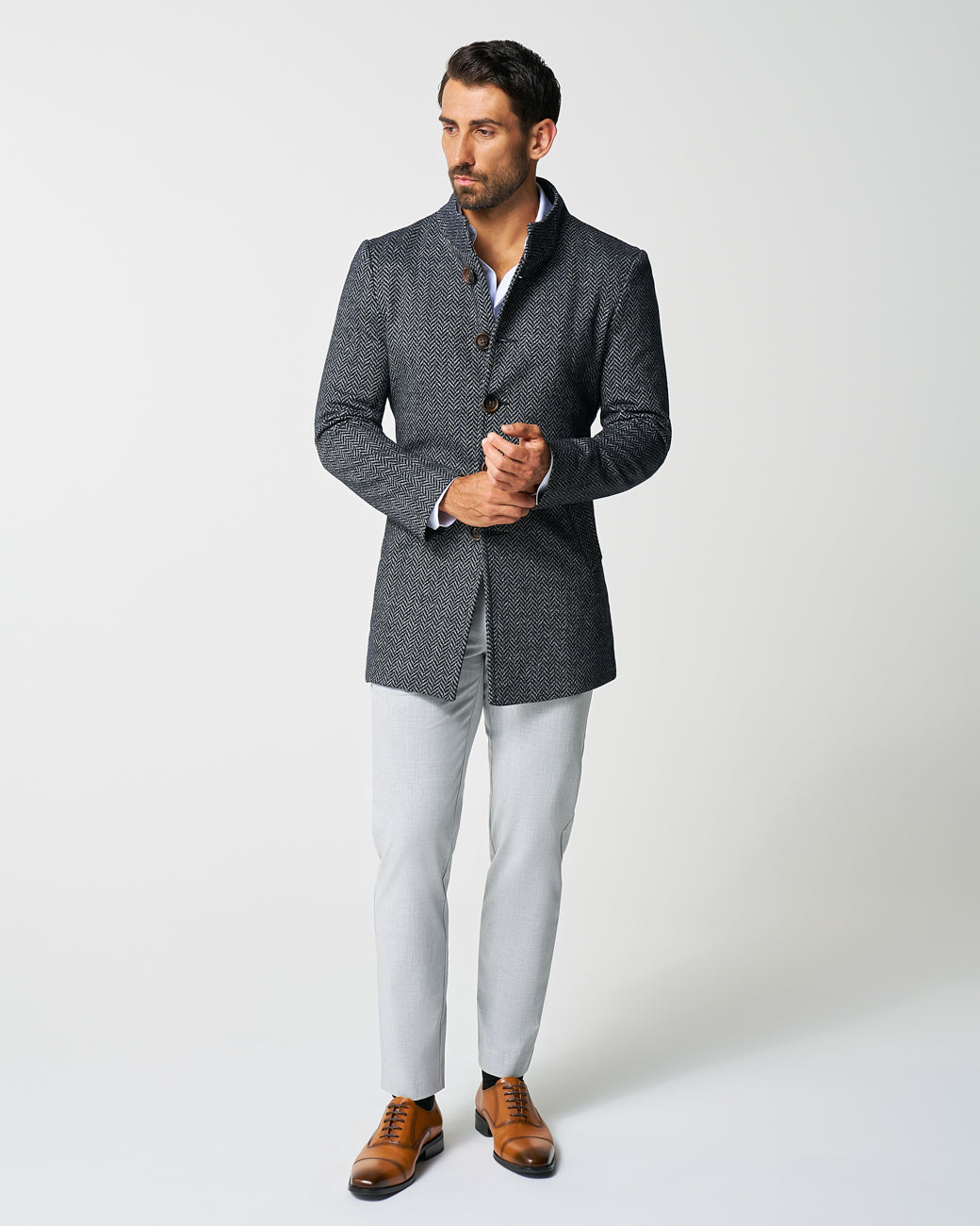 State & Liberty Open Button Overcoat - Navy & Grey Chevron
