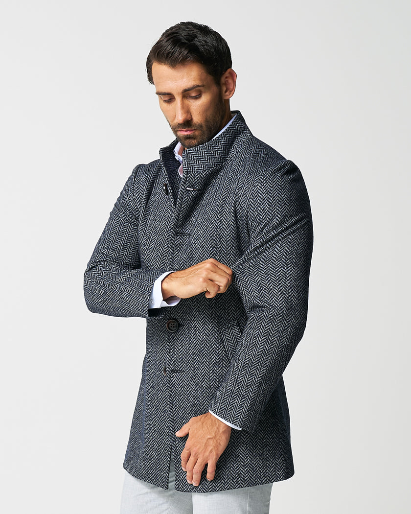 State & Liberty Open Button Overcoat - Navy & Grey Chevron