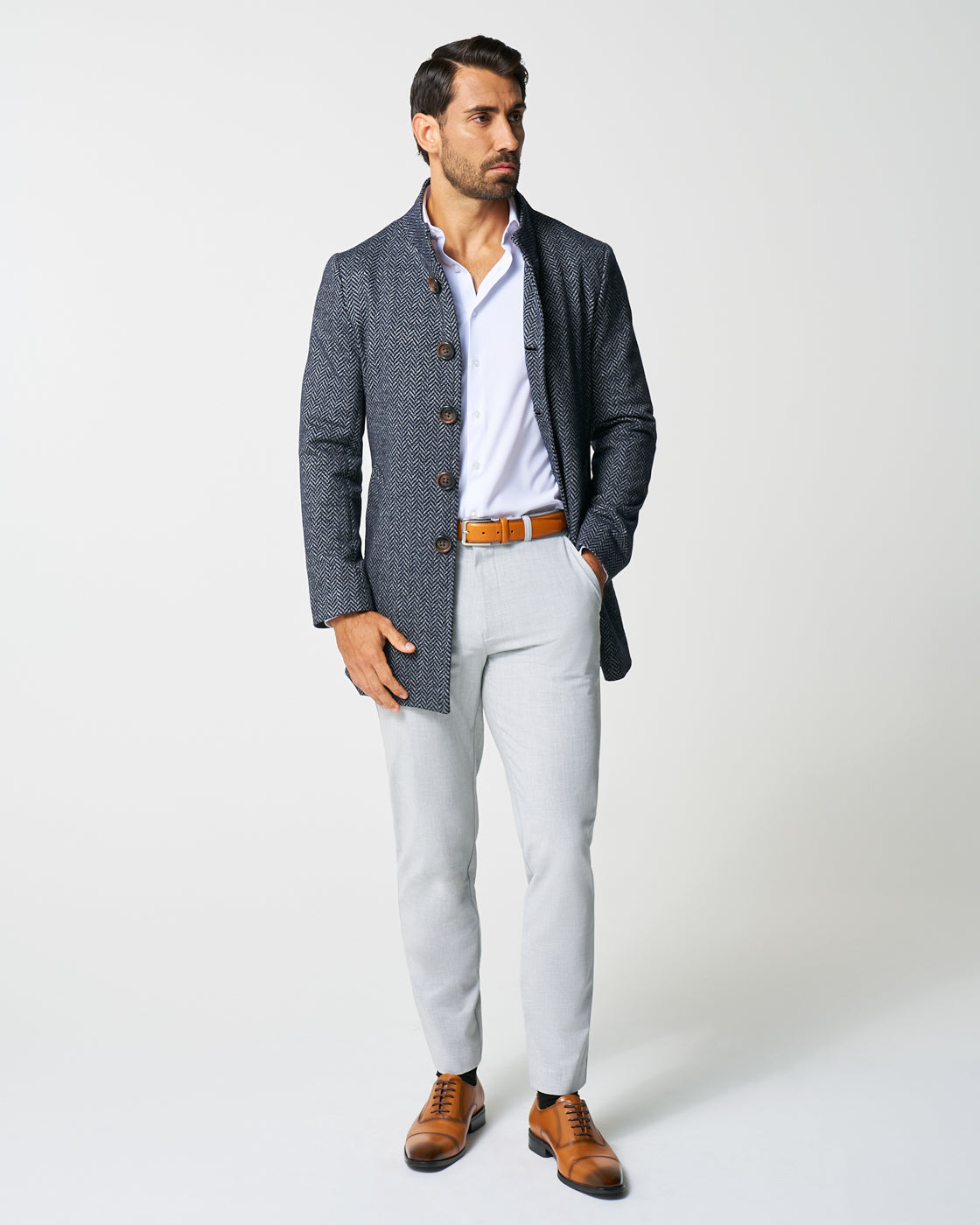 State & Liberty Open Button Overcoat - Navy & Grey Chevron
