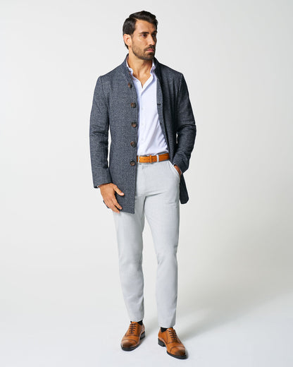 State & Liberty Open Button Overcoat - Navy & Grey Chevron