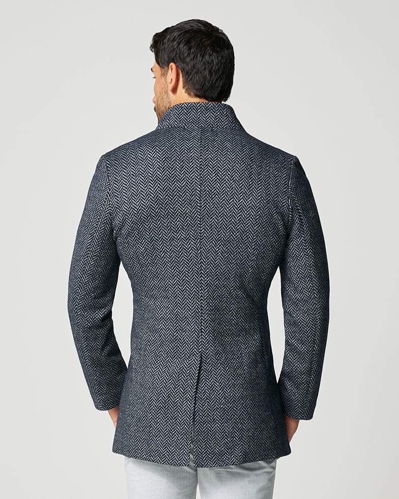 State & Liberty Open Button Overcoat - Navy & Grey Chevron