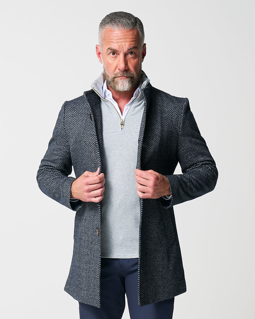 State & Liberty Open Button Overcoat - Navy & Grey Chevron