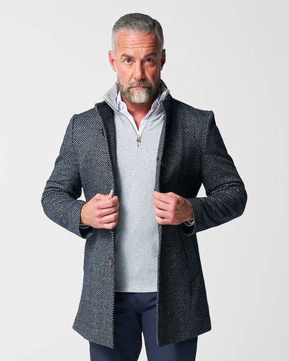 State & Liberty Open Button Overcoat - Navy & Grey Chevron