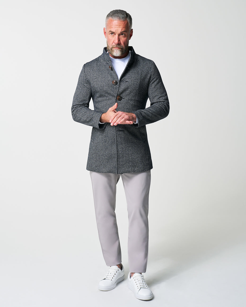 State & Liberty Open Button Overcoat - Navy & Grey Chevron