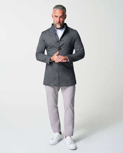 State & Liberty Open Button Overcoat - Navy & Grey Chevron