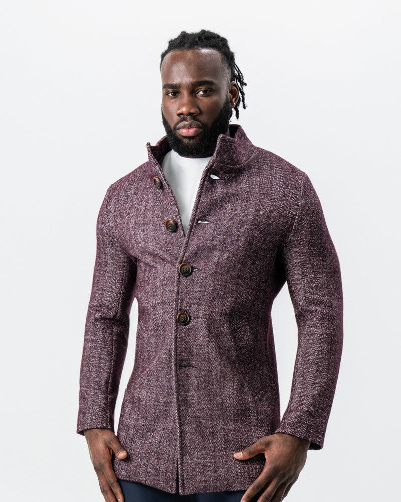 State & Liberty Maroon Herringbone Open Button Overcoat