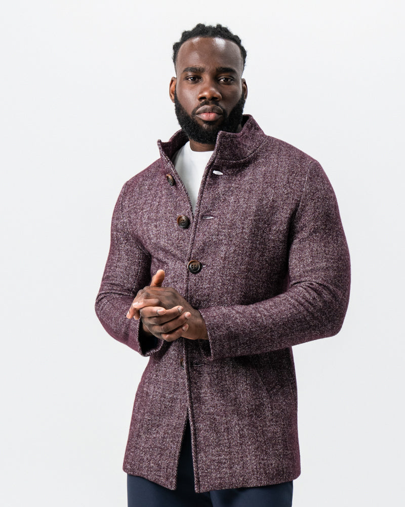 State & Liberty Maroon Herringbone Open Button Overcoat