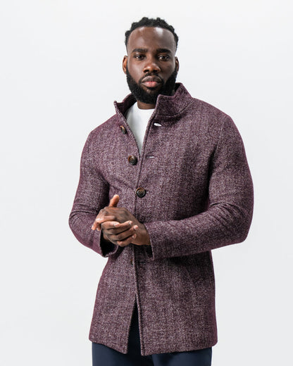 State & Liberty Maroon Herringbone Open Button Overcoat