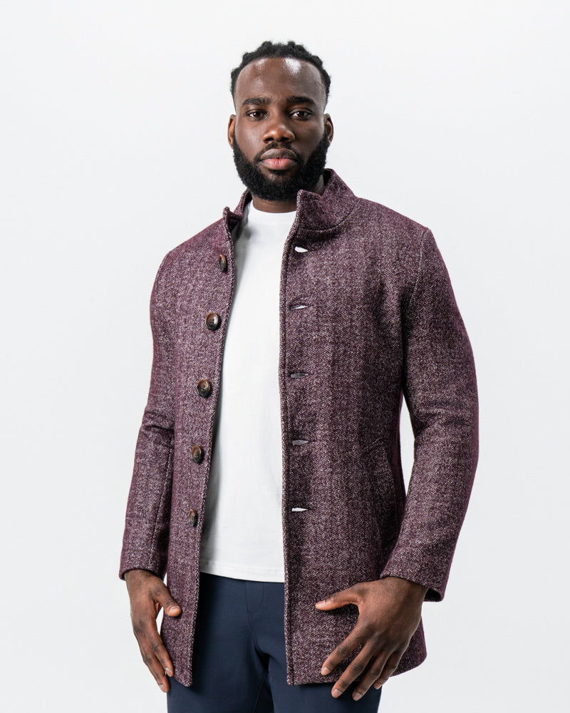 State & Liberty Maroon Herringbone Open Button Overcoat