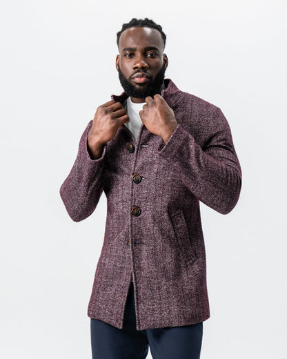 State & Liberty Maroon Herringbone Open Button Overcoat